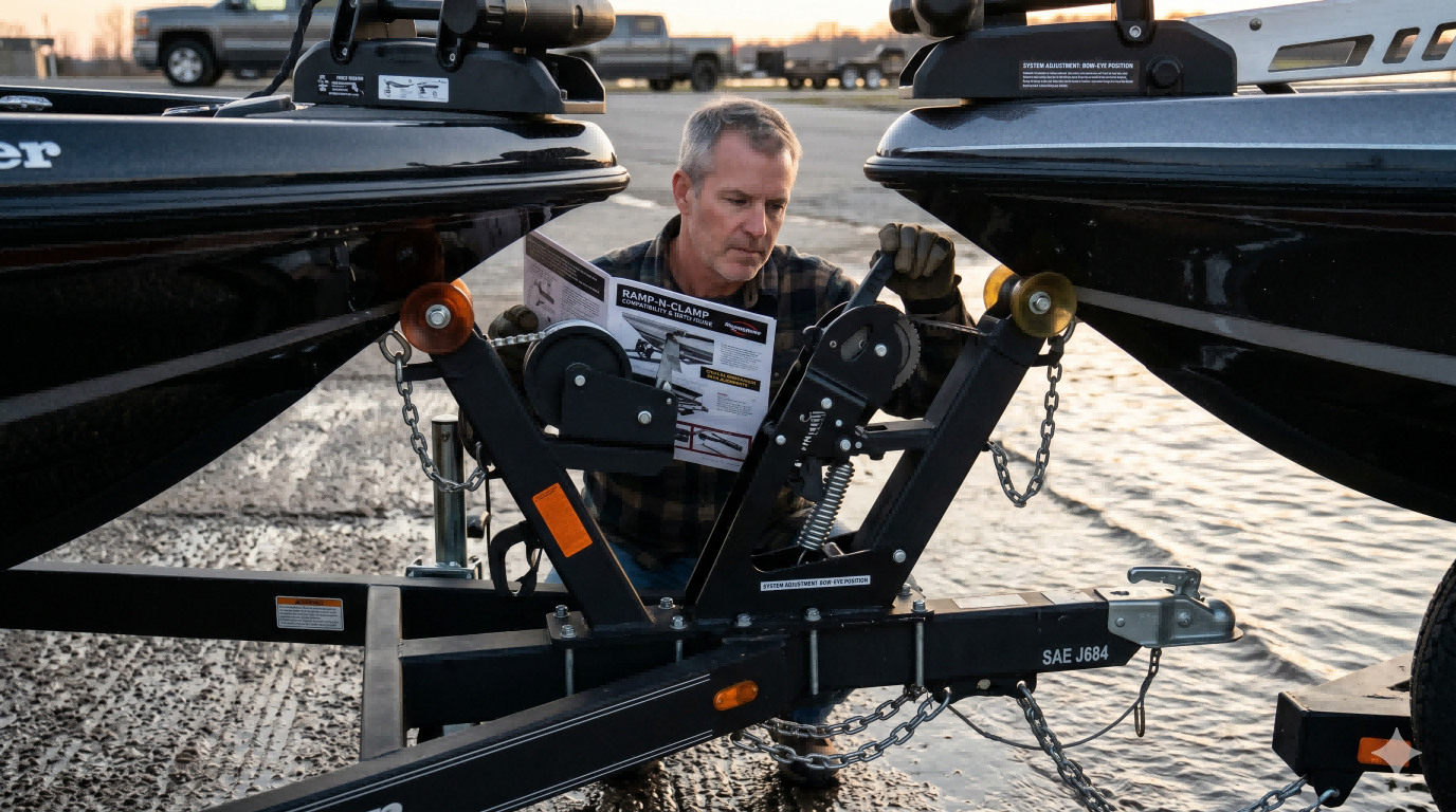 Ramp-N-Clamp compatibility and setup check on a boat trailer latch system before retrieval and ramp use